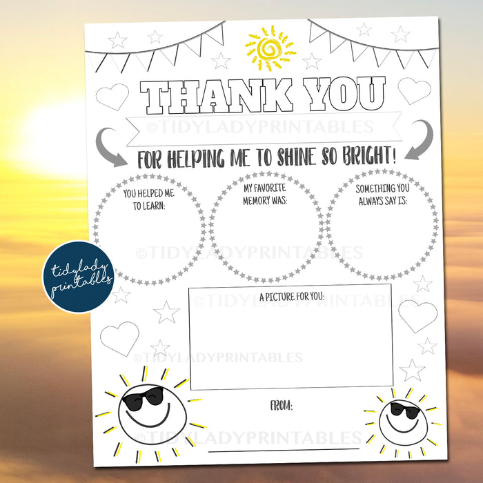 Sunshine Theme Teacher Appreciation Week All About My Teacher Worksheet, Thank You Coloring Page PRINTABLE