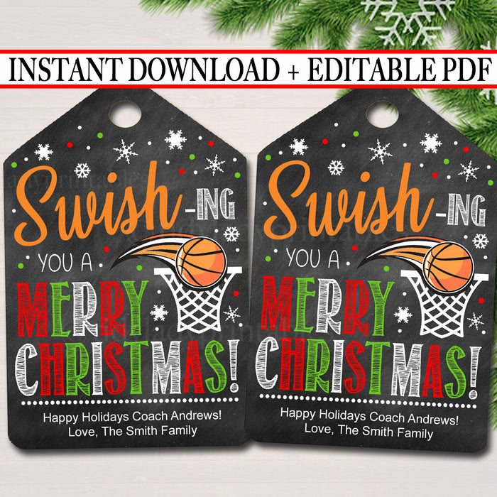 Christmas Basketball Gift Tags, Swish-ing You a Merry Christmas Tag, Holiday Sports Coach Printable, ,
