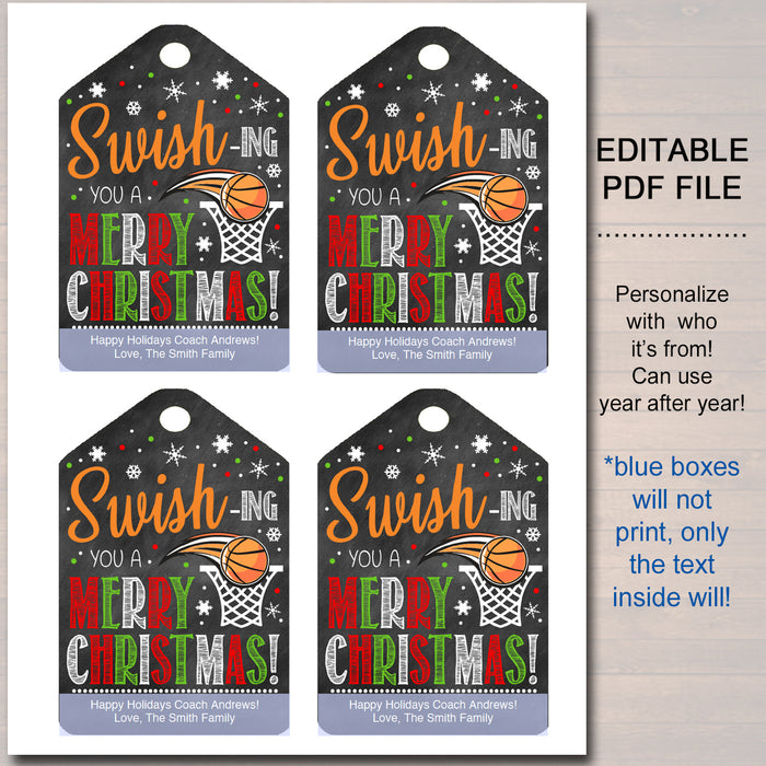 Christmas Basketball Gift Tags, Swish-ing You a Merry Christmas Tag, Holiday Sports Coach Printable, ,
