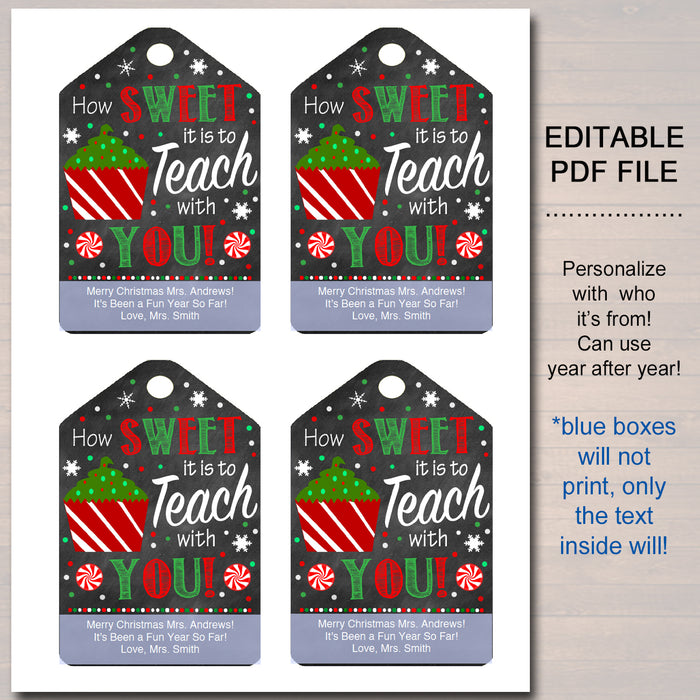 Christmas Teacher Favor Tags, How Sweet it is To Teach With You, Holiday Appreciation Gift, Thank You Gift, Xmas Candy Cookie Treat Tag