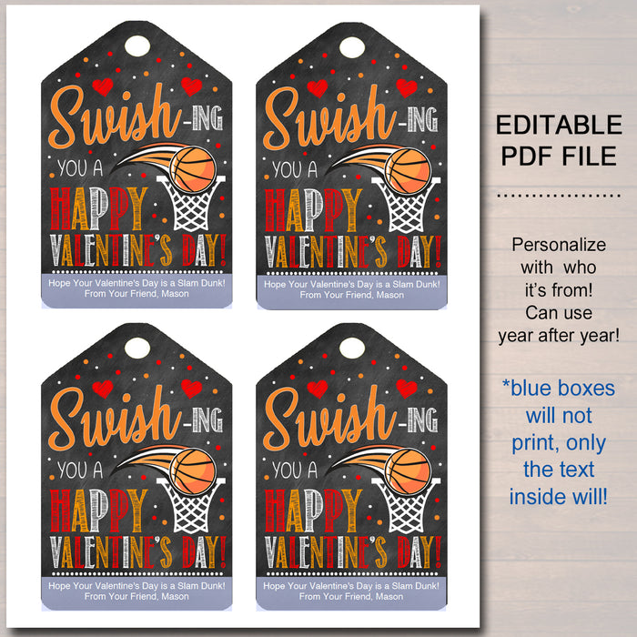 Valentine Basketball Gift Tags "Swish-ing You a Happy Valentine's Day" Printable Tag