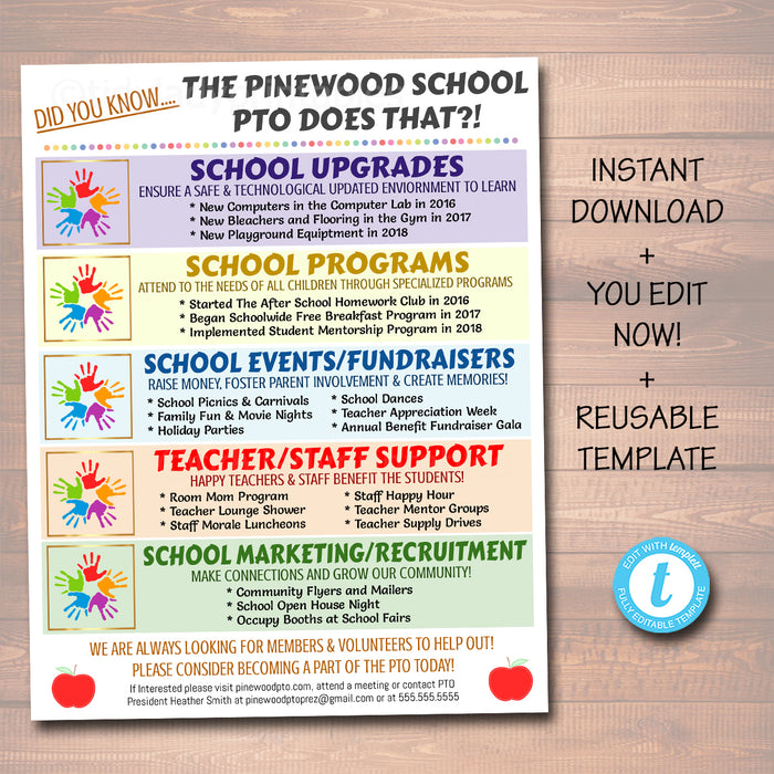 PTO PTA Flyer Printable Handout, School Year Fundraiser Event Meeting PTO Informational  Template Marketing Flyer