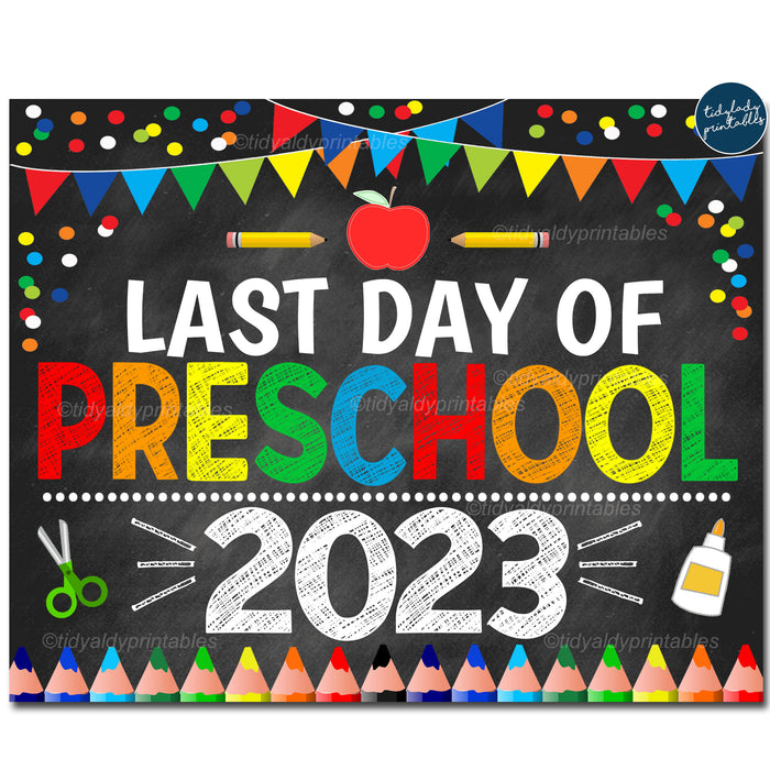 Last Day of Preschool 2023, Printable End of School Chalkboard Sign, Primary Colors Boy Banner Confetti Digital Instant Download