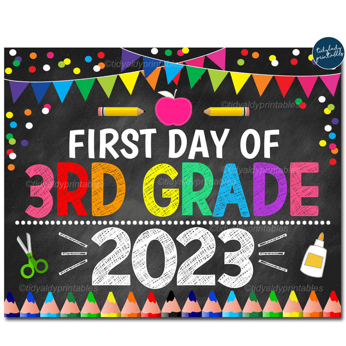 First Day of Third Grade 2023, Printable Back to School Chalkboard Sign, Rainbow Colors Girl Confetti, 3rd Grade Digital Instant Download