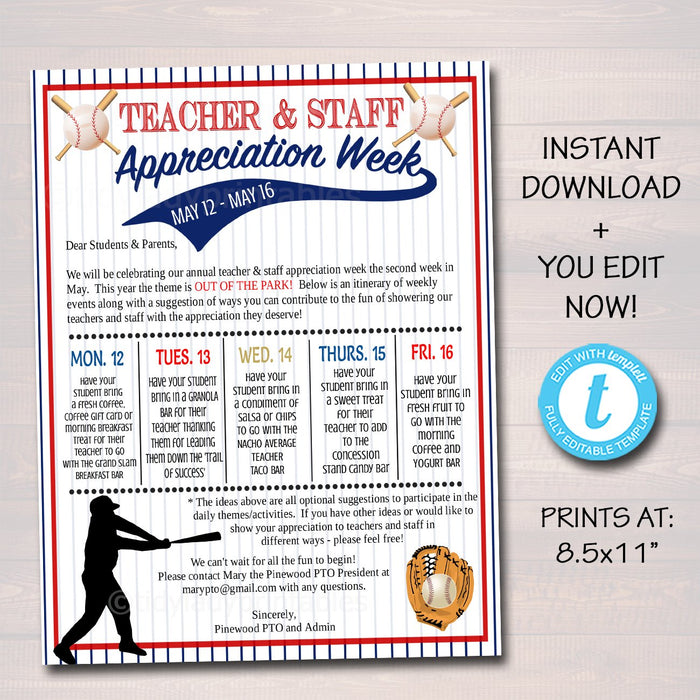 Baseball Themed Teacher Appreciation Week Printable Party Set