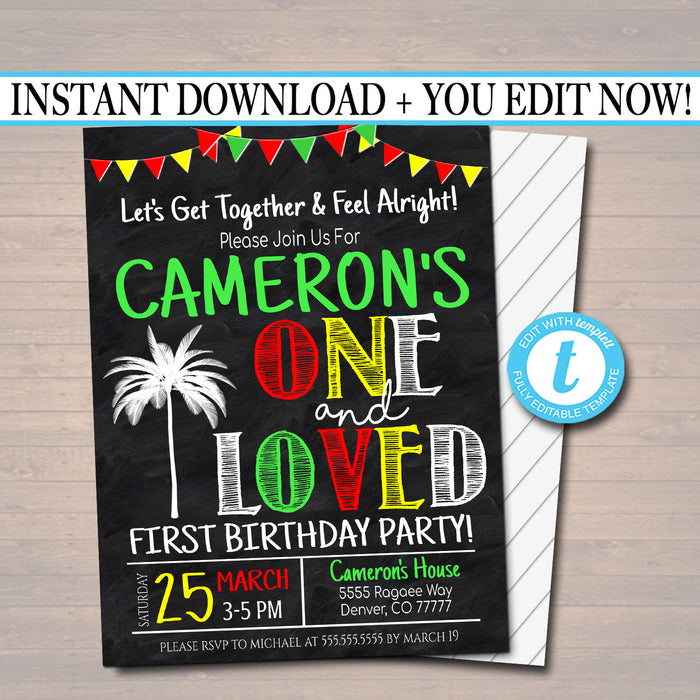 One Love First Birthday Party Invitation, Jamaica Reggae Theme Theme Printable Template