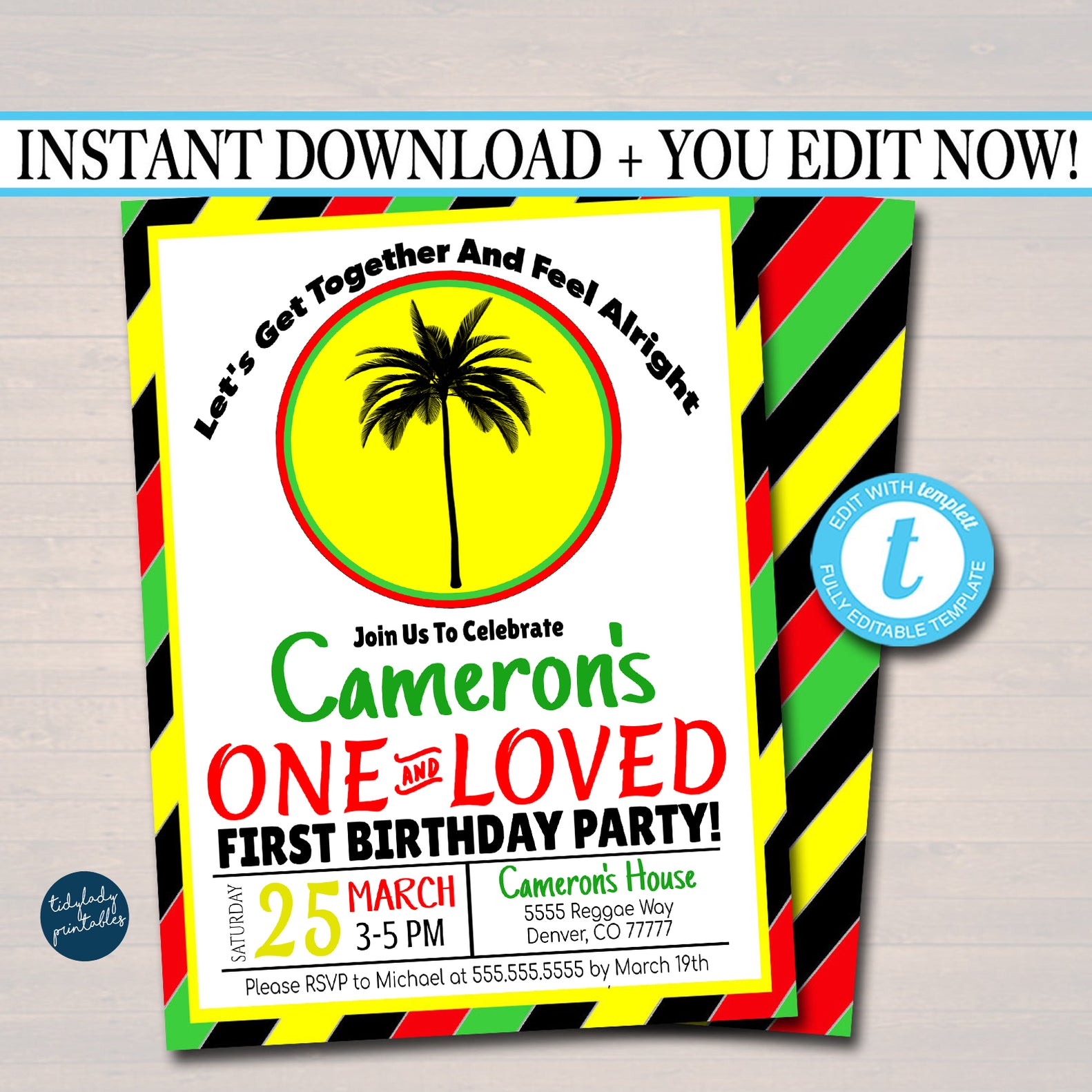 One Love First Birthday Party Invitation, Jamaica Reggae Theme Theme ...