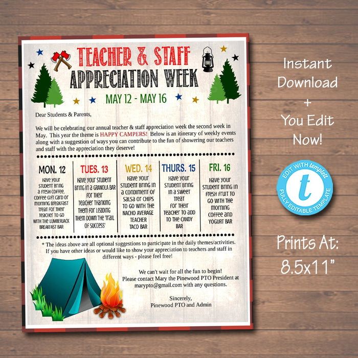 Camping Theme Teacher Appreciation Week Take Home Newsletter Printable Template