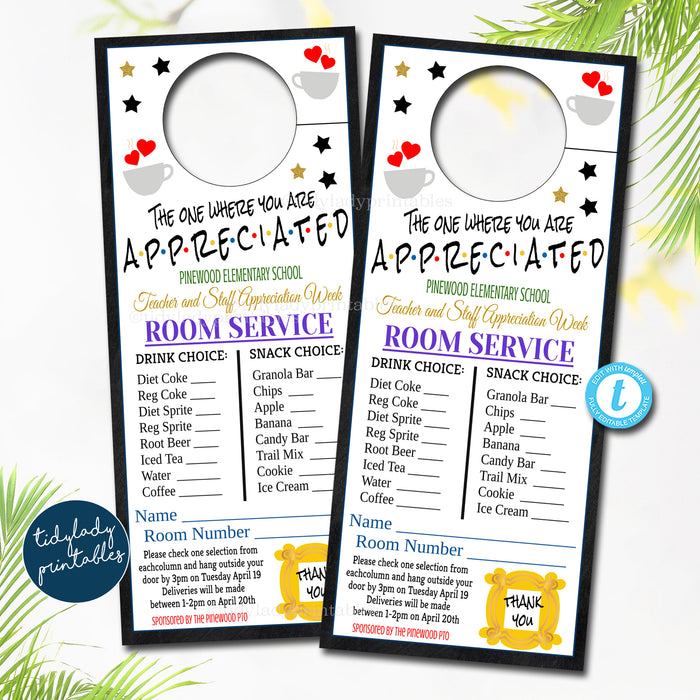 Appreciation Room Service Door Hanger, Teacher Staff Appreciation Week, Thank You Idea Printable