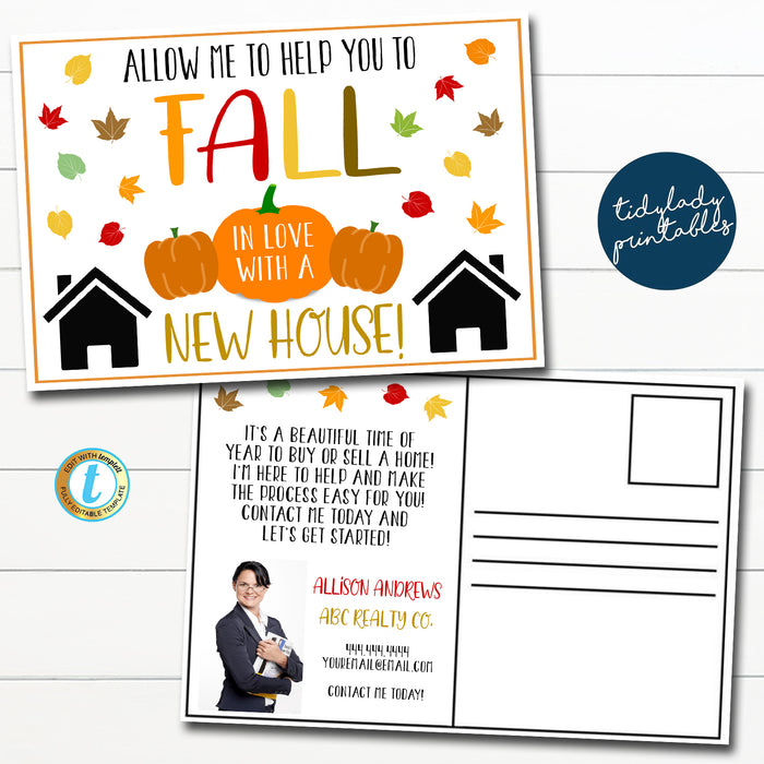 Fall Realtor Postcard, Let me help you Fall in Love with a New House, Autumn Real Estate Marketing Mailer, DIY Editable Template