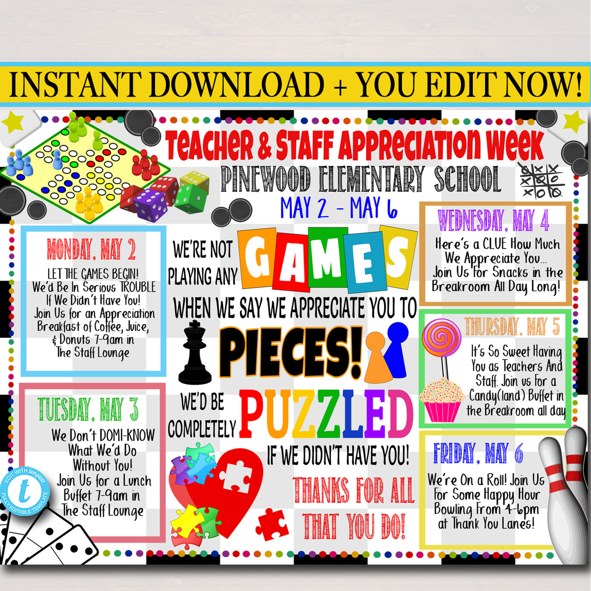 Games Theme Teacher Staff Appreciation Week Poster Printable — TidyLady ...