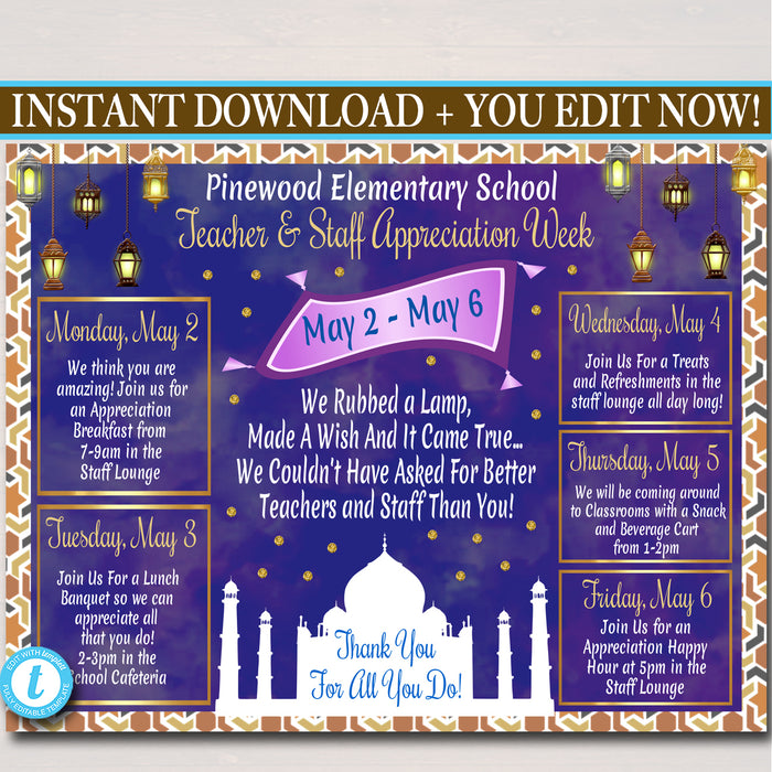 Arabian Nights Themed Teacher Appreciation Week Itinerary Poster Printable