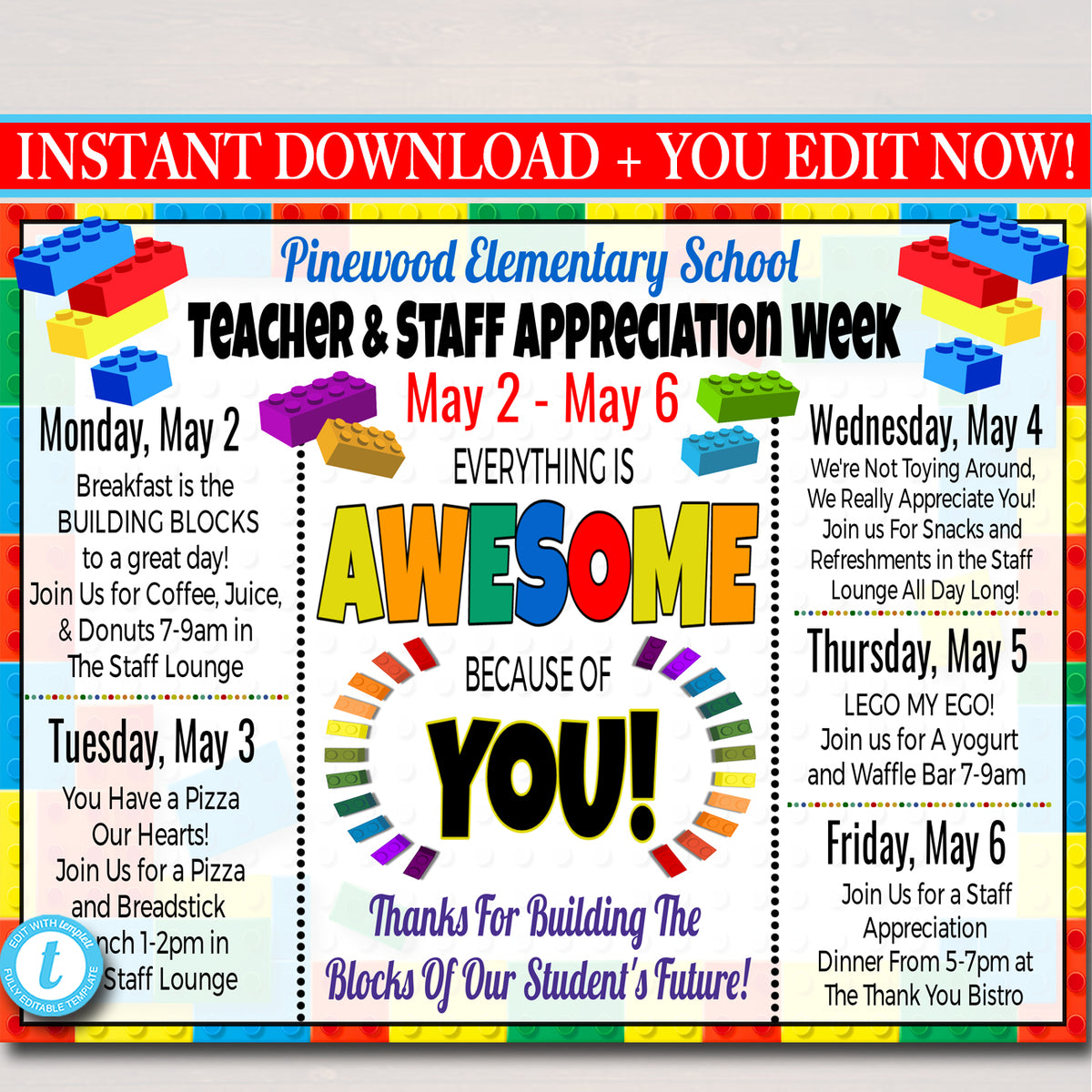 Building Blocks Themed Teacher Appreciation Week Printable — Tidylady 