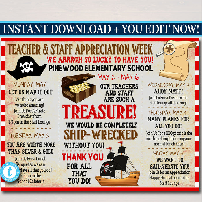 Pirate Themed Teacher Appreciation Week Itinerary Poster Printable