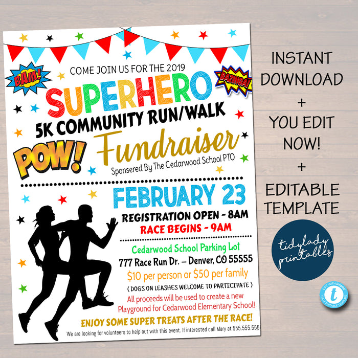 Superhero Run Printable Fundraiser Flyer - Editable Template