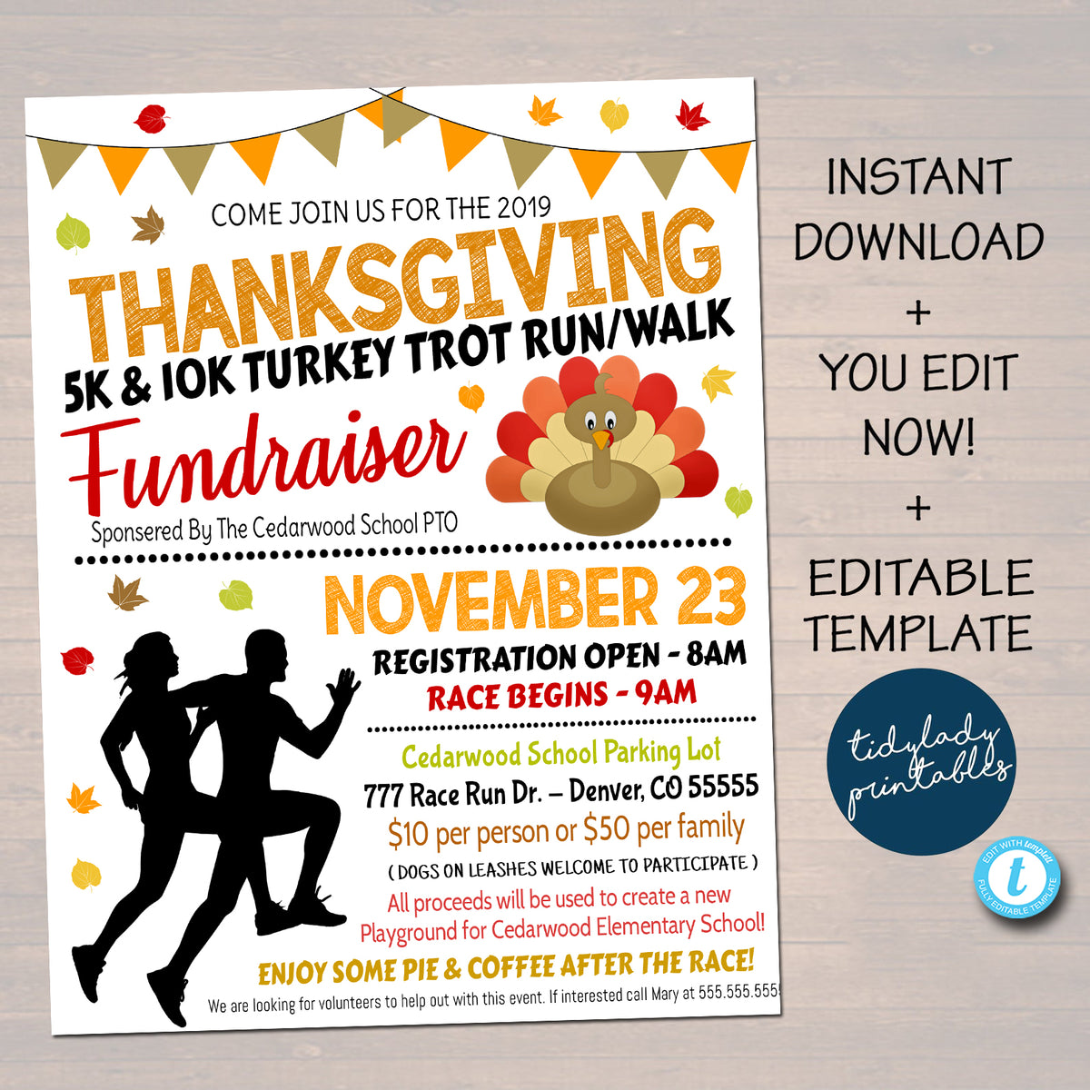 thanksgiving turkey trot run flyer | tidylady printables