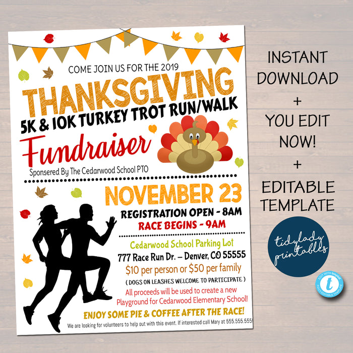 Turkey Trot Flyer/Poster Printable Fall Invitation, Community Thanksgiving Event, Charity Fundraiser Autumn Run, 5k 10k Race Flyer