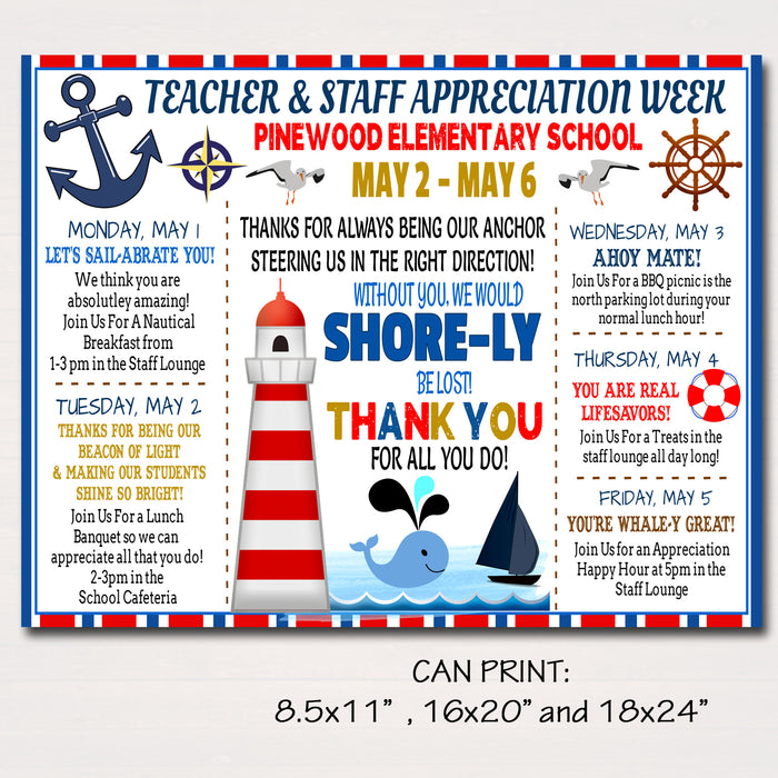 Nautical Beach Themed Teacher Appreciation Week Itinerary Poster Printable