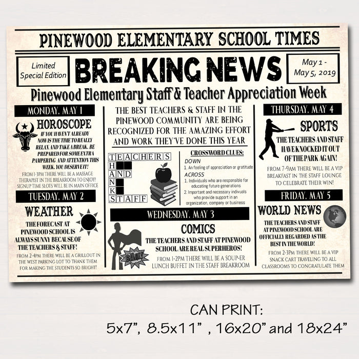 Newspaper Themed Teacher Appreciation Week Itinerary Poster Printable