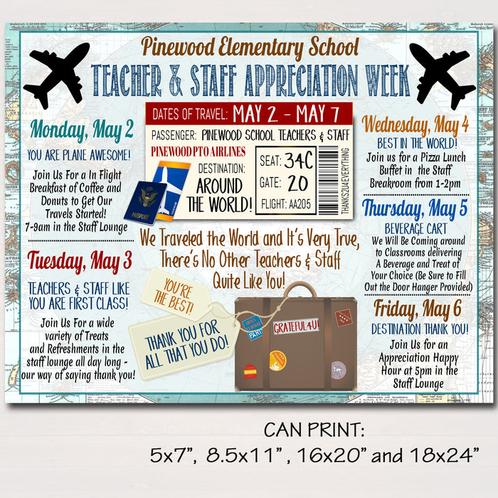 World Travel Map Themed Teacher Appreciation Week Itinerary Poster Printable