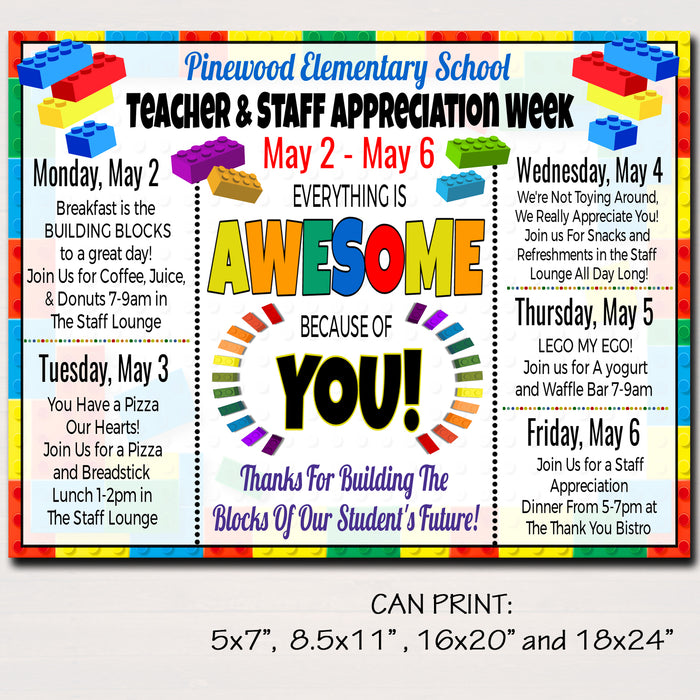 Building Blocks Themed Teacher Appreciation Week Itinerary Poster Printable
