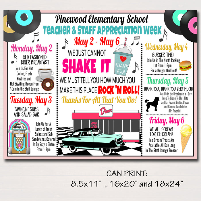 1950's Diner Themed Teacher Appreciation Week Itinerary Poster Printable