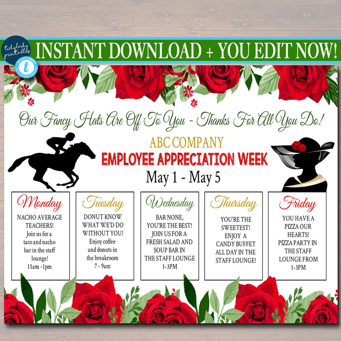 Derby Theme Appreciation Week Itinerary Poster,  Running for the Roses Horse Race, EDITABLE TEMPLATE
