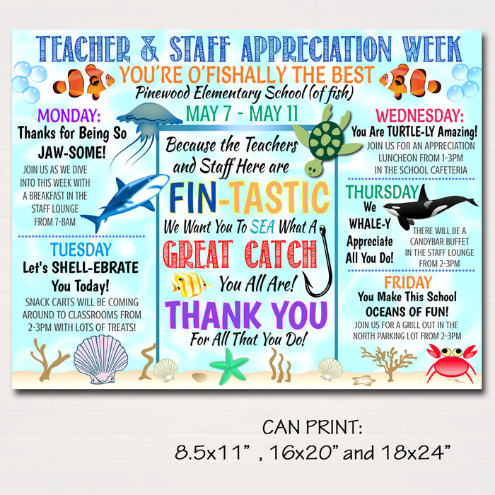 Under the Sea Themed Teacher Appreciation Week Itinerary Poster Printable