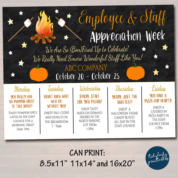 Fall Bonfire S'mores Theme Appreciation Week Itinerary Poster, EDITABLE TEMPLATE