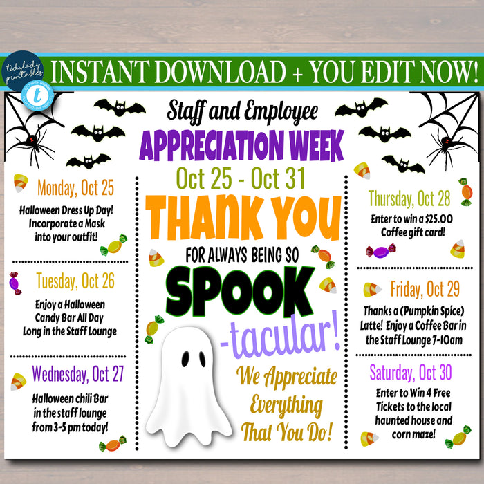 Halloween Theme Appreciation Week Itinerary Poster, EDITABLE TEMPLATE
