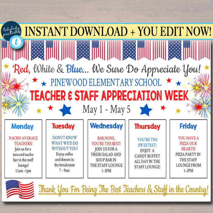Stars and Stripes American Patriotic Appreciation Week Itinerary Poster, EDITABLE TEMPLATE