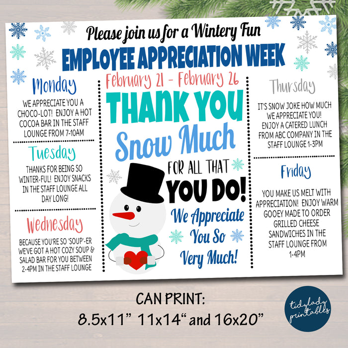 Holiday Winter Theme Appreciation Week Itinerary Poster, EDITABLE TEMPLATE