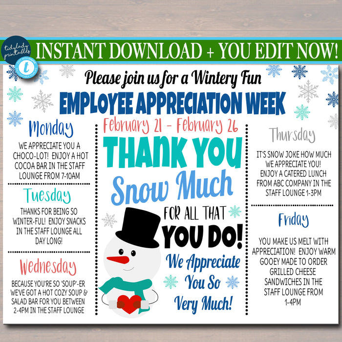 Holiday Winter Theme Appreciation Week Itinerary Poster, EDITABLE TEMPLATE