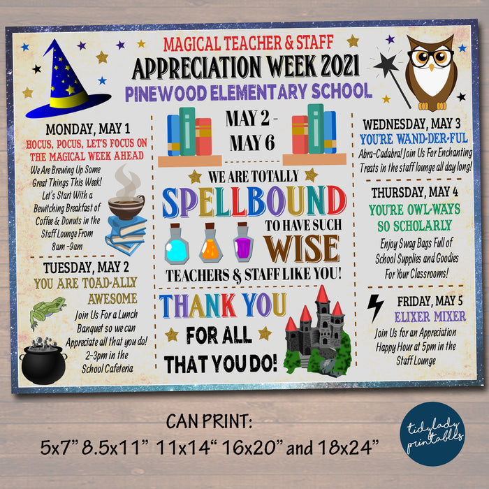 Magic Wizard Theme Teacher Appreciation Week Itinerary Poster Printable