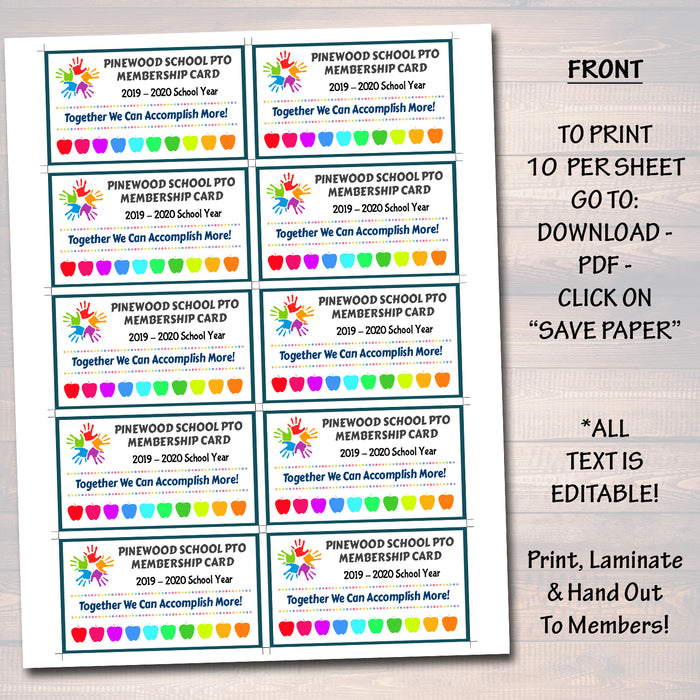 PTO PTA Membership Cards - Printable Template