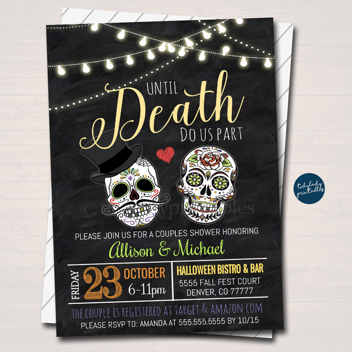 Halloween Bridal Couples Shower Party Invitation, Wedding Halloween Bachelorette Invite Skeleton Death Do Us Part,