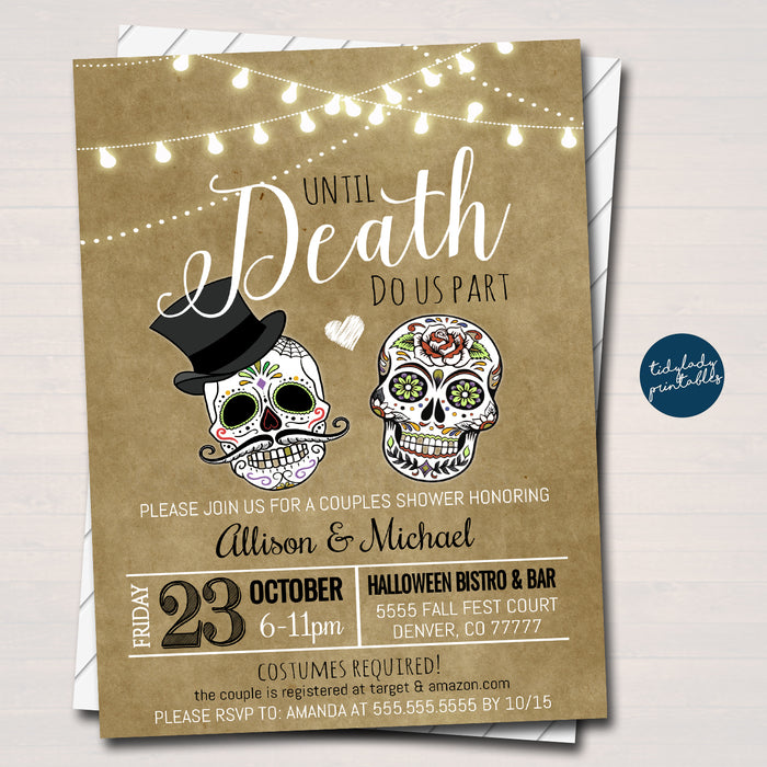 Halloween Bridal Couples Shower Party Invitation, Wedding Halloween Bachelorette Invite Skeleton Death Do Us Part,