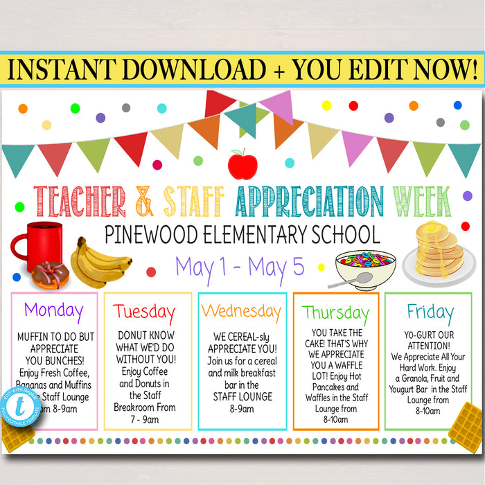 Breakfast Themed Teacher Appreciation Week Itinerary Poster Printable