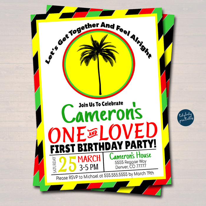 One Love First Birthday Party Invitation, Jamaica Reggae Theme Theme, One Year, Let's Get Together & Feel Alright,