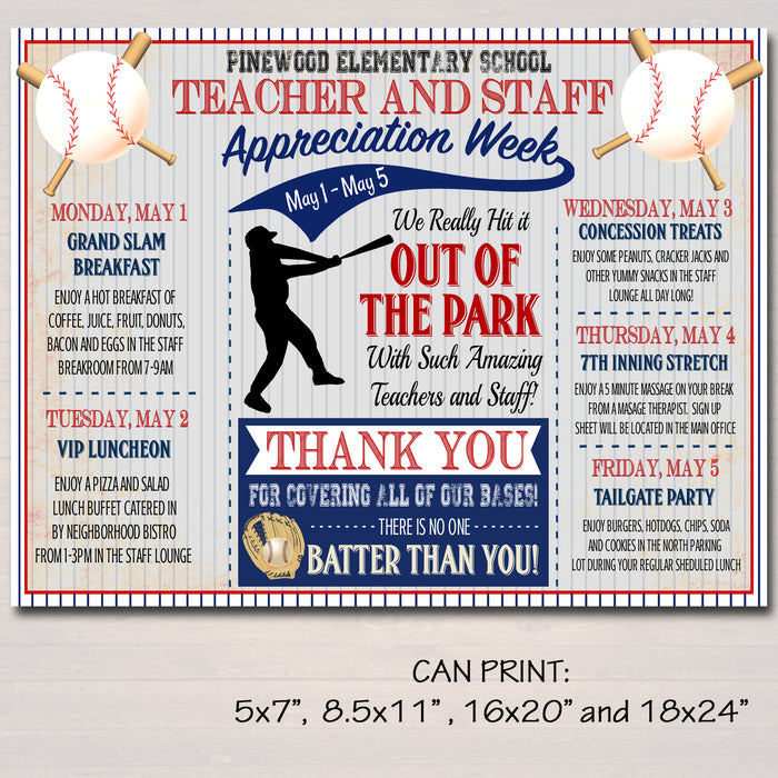 Baseball Themed Teacher Appreciation Week Itinerary Poster Printable