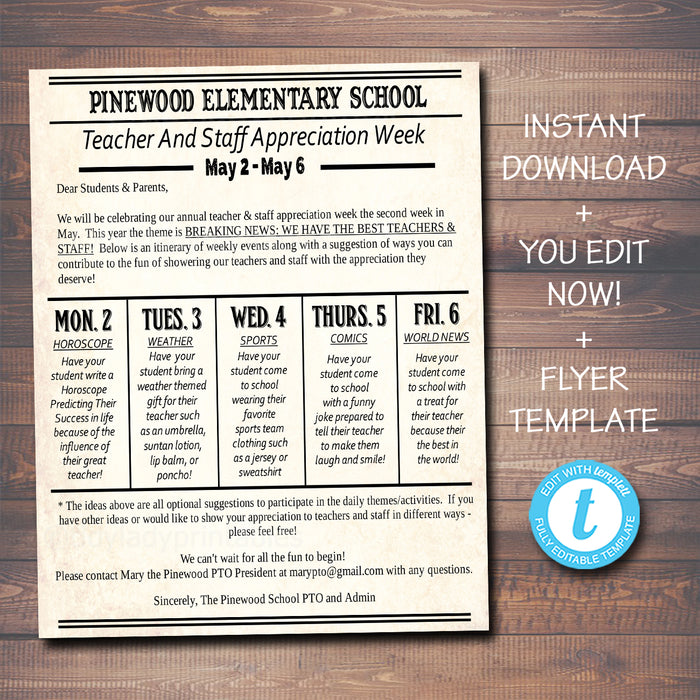 Newspaper Themed Teacher Appreciation Week Newsletter Take Home Flyer Printable