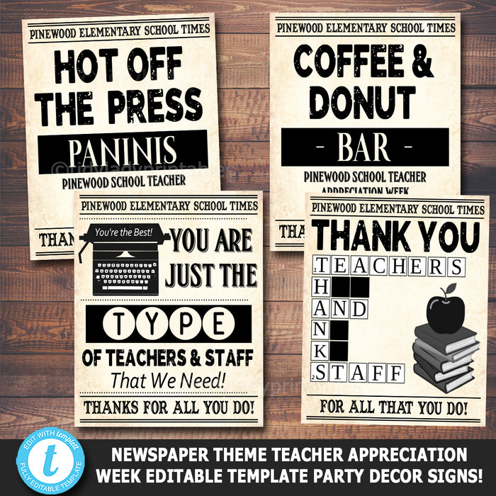 Newspaper Themed Teacher Appreciation Week Printable Party Decor Signs