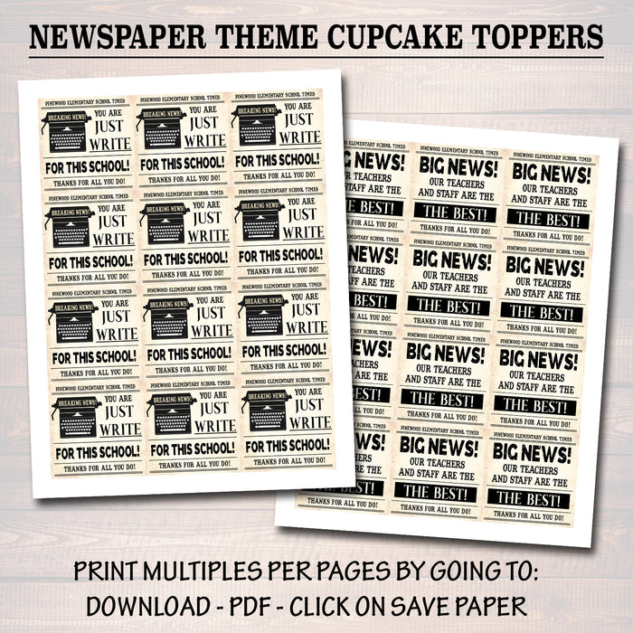 Newspaper Theme Teacher Appreciation Printable Cupcake Toppers