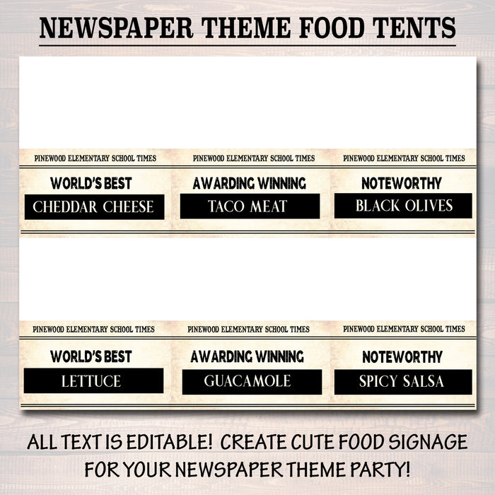 Newspaper Theme Teacher Appreciation Printable Food Tent Labels