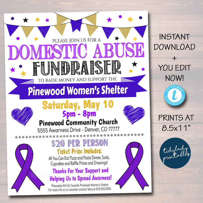 Domestic Abuse Awareness Fundraiser Event Flyer, Community Church Fundraising Event, Purple Ribbon,  EDITABLE TEMPLATE