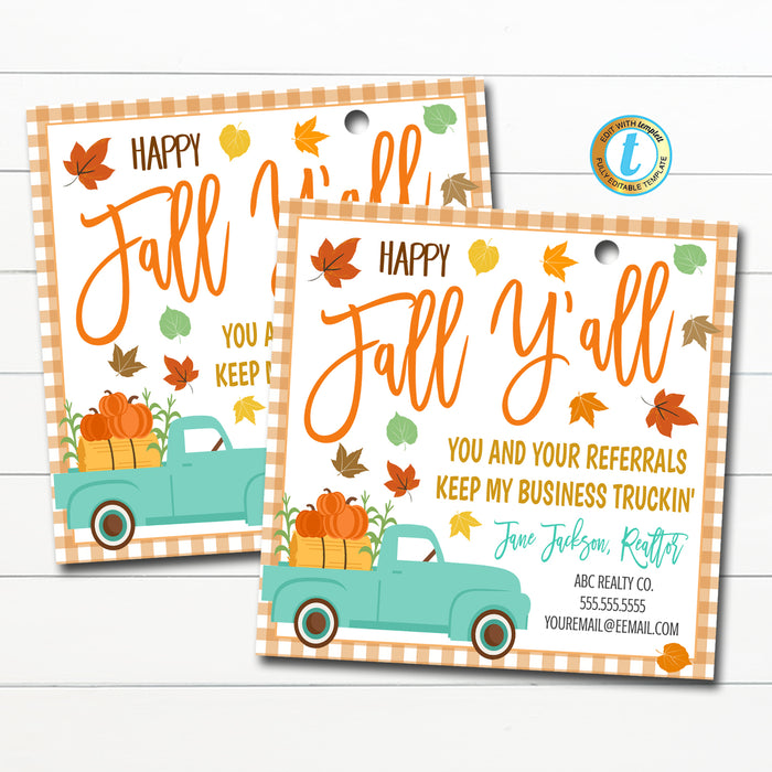 Fall Realtor Pop By Tag, Happy Fall Ya'll Teal Blue Truck Pumpkins, Small Business Marketing Client Referral Printable, Editable Template