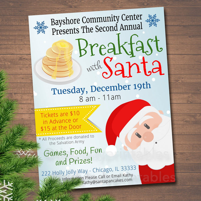 Breakfast with Santa Flyer & tickets Breakfast with Santa Invitation, Kids Christmas Party, Printable Community Holiday Event Flyer