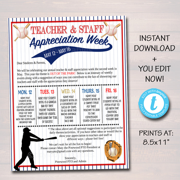 Baseball Theme Teacher Appreciation Week Take Home Newsletter Printable Template
