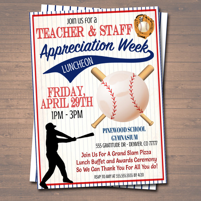 Baseball Theme Teacher Appreciation Party Luncheon Invitation Template