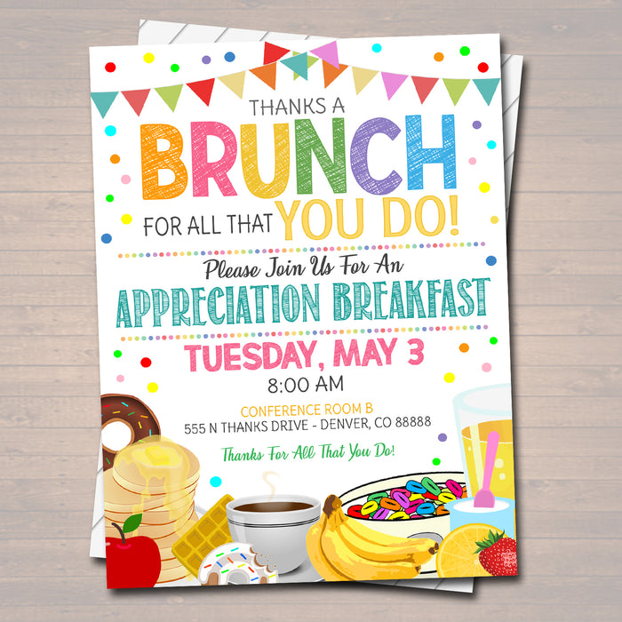 Thanks a Brunch Staff Teacher Appreciation Breakfast Invitation Template